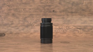 Gerçekçi boş siyah plastik şişe ahşap arka plan hapları için. Tıbbi ambalaj. Uyuşturucu şişe mockup. 3D render illüstrasyon