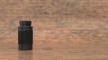 Gerçekçi boş siyah plastik şişe ahşap arka plan hapları için. Tıbbi ambalaj. Uyuşturucu şişe mockup. 3D render illüstrasyon