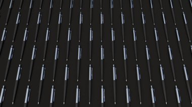 Siyah arka plan üzerine siyah otomatik tükenmez kalemler desen. İleti örneği arka planı soyut. 3D render illüstrasyon.