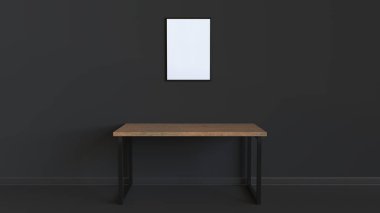 Boş beyaz dikey poster tablosunun yukarısındaki duvara asılı çerçeve içinde. Resim ya da fotoğraf mockup iç. 3D render illüstrasyon