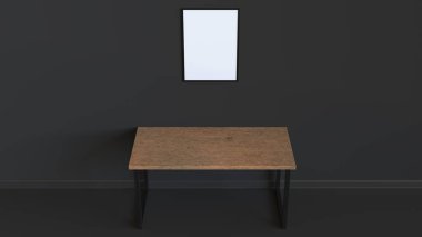 Boş beyaz dikey poster tablosunun yukarısındaki duvara asılı çerçeve içinde. Resim ya da fotoğraf mockup iç. 3D render illüstrasyon