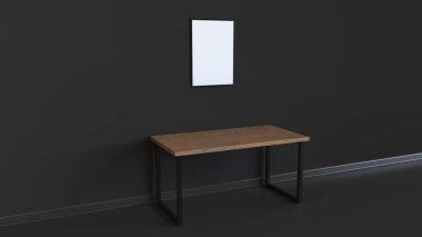 Boş beyaz dikey poster tablosunun yukarısındaki duvara asılı çerçeve içinde. Resim ya da fotoğraf mockup iç. 3D render illüstrasyon