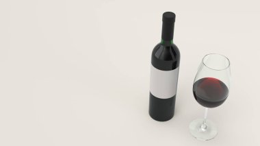 Mockup boş etiket ve cam ayakta beyaz zemin üzerine kırmızı şarap için. Tasarım veya marka şablonu. 3D render illüstrasyon