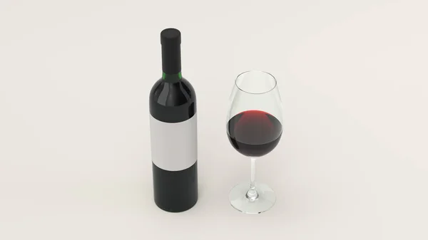 Mockup Para Botella Vino Tinto Con Etiqueta Blanco Vaso Pie — Foto de Stock