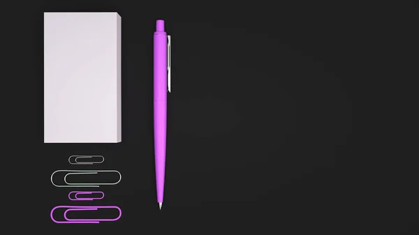 ホワイト名刺 ペーパー クリップ 紫自動ボールペンの黒の背景に分離されました 白紙のモックアップ レンダリング図 — ストック写真
