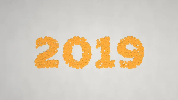 白い背景の上のオレンジ色の紙吹雪から作られた 2019年数です 2019 年の標識です レンダリング図 — ストック写真