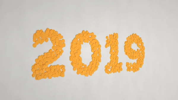 Número 2019 Hecho Confeti Naranja Sobre Fondo Blanco Signo Año — Foto de Stock