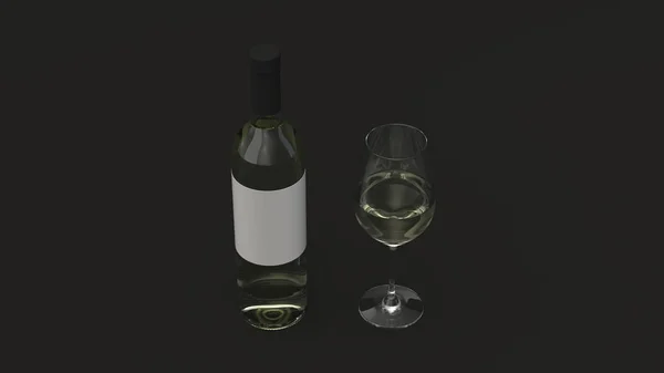 在黑色背景上的白葡萄酒瓶和空白标签和杯子的模型 设计或品牌模板 渲染插图 — 图库照片