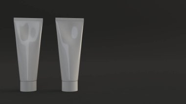 Çift boş tüpler diş macunu, krem beyaz veya siyah arka plan üzerinde duran jel. Mockup marka. 3D render illüstrasyon
