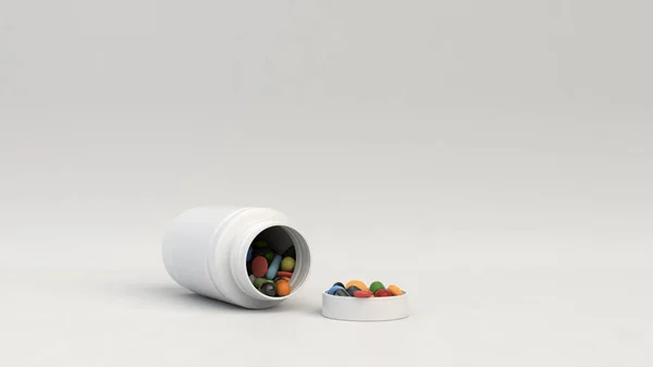 Realistic blank white open plastic bottle with pills lying on the white surface. Medical container. Drug bottle mockup. 3D render illustration