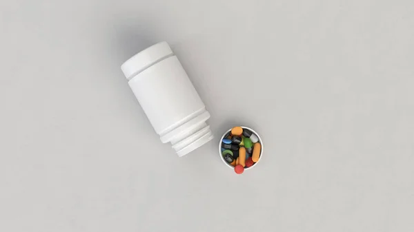 Realistic blank white open plastic bottle with pills lying on the white surface. Medical container. Drug bottle mockup. 3D render illustration