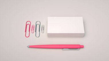 Beyaz kartvizitler, ataç ve beyaz arka plan üzerinde izole kırmızı otomatik tükenmez kalem. Boş kağıt mockup. 3D render illüstrasyon.
