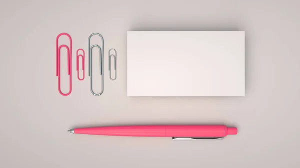 White business cards, paper clips and red automatic ballpoint pen isolated on white background. Blank paper mockup. 3D rendering illustration.