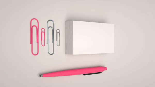 White business cards, paper clips and red automatic ballpoint pen isolated on white background. Blank paper mockup. 3D rendering illustration.