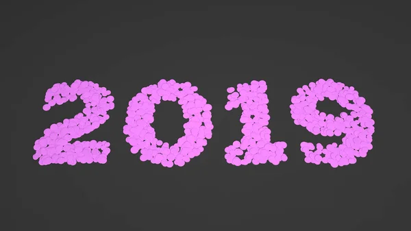 Número 2019 Confeti Púrpura Sobre Fondo Negro Signo Año Nuevo — Foto de Stock