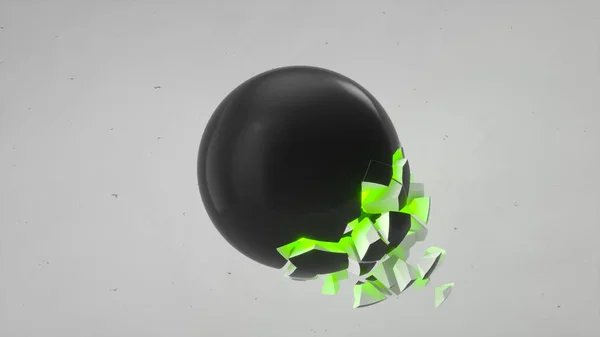 Fractured black sphere with green glow inside and falling pieces on white background. Concept of destruction. Abstract 3D rendering illustration.