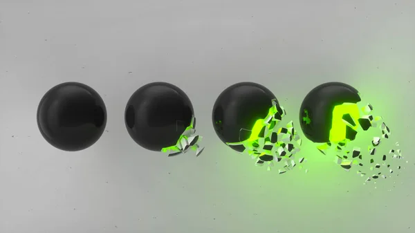 Fractured black sphere with green glow inside and falling pieces on white background. Concept of destruction. Abstract 3D rendering illustration.