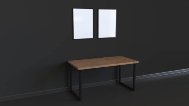 İki boş beyaz dikey poster tablosunun yukarısındaki duvara asılı çerçeve içinde. Resim ya da fotoğraf mockup iç. 3D render illüstrasyon