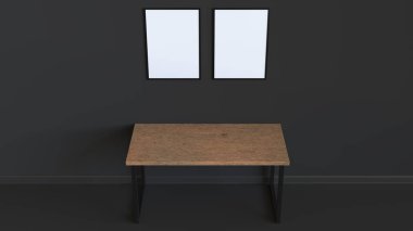 İki boş beyaz dikey poster tablosunun yukarısındaki duvara asılı çerçeve içinde. Resim ya da fotoğraf mockup iç. 3D render illüstrasyon