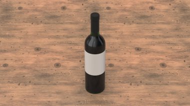 Mockup ahşap arka plan üzerinde duran boş etiket ile kırmızı şarap için. Tasarım veya marka şablonu. 3D render illüstrasyon