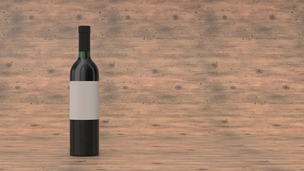 木製の背景上に立っている空白のラベルの赤ワインのボトルのモックアップ デザインやブランド化のテンプレート レンダリング図 — ストック写真