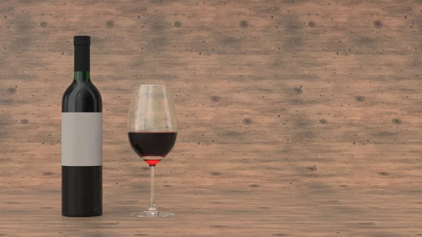 空白のラベルと木製の背景にガラス立っている赤ワインのボトルのモックアップ デザインやブランド化のテンプレート レンダリング図 — ストック写真