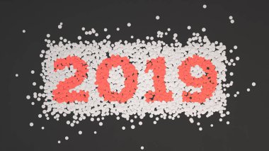 siyah arka plan üzerine beyaz ve kırmızı konfeti imal 2019 numarası. 2019 yeni yıl işareti. 3D render illüstrasyon