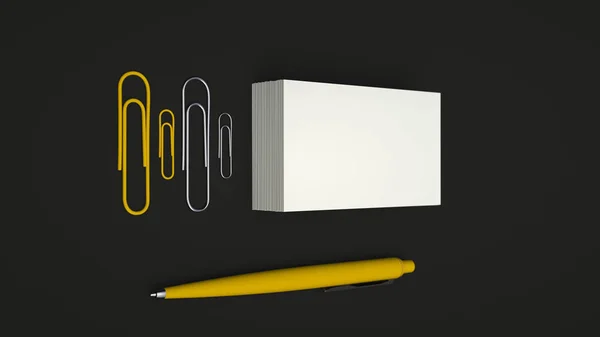 白い名刺 ペーパー クリップ 黒い背景に分離された黄色の自動ボールペン 白紙のモックアップ レンダリング図 — ストック写真