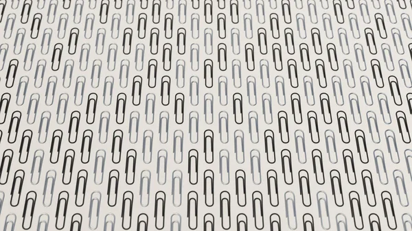 Pattern from metal and black paper clips on white background. Abstract stationary background. 3D rendering illustration.