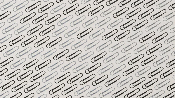 Pattern from metal and black paper clips on white background. Abstract stationary background. 3D rendering illustration.
