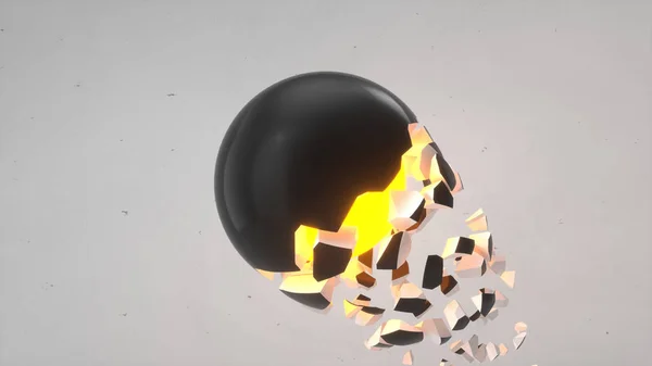 Fractured black sphere with orange glow inside and falling pieces on white background. Concept of destruction. Abstract 3D rendering illustration.