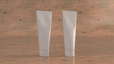 Çift boş tüpler diş macunu, krem beyaz veya ahşap arka plan üzerinde duran jel. Mockup marka. 3D render illüstrasyon