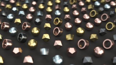 Desen siyah yüzeyinde metal temel öğelerdir. Geometrik arka plan. 3D render illüstrasyon