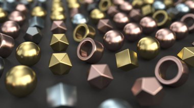 Desen siyah yüzeyinde metal temel öğelerdir. Geometrik arka plan. 3D render illüstrasyon