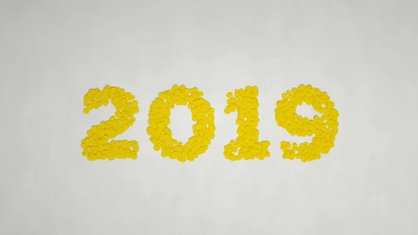 Número 2019 Hecho Confeti Amarillo Sobre Fondo Blanco Signo Año — Foto de Stock