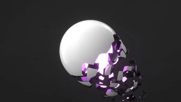 Fractured White Sphere Purple Glow Falling Pieces Black Background Concept — Stock Photo, Image