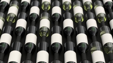 Şişe kırmızı ve beyaz şarap siyah arka plan üzerine boş etiketlerle desen. Tasarım veya marka şablonu. 3D render illüstrasyon