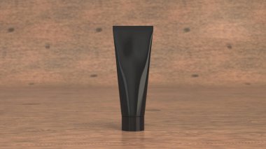 Siyah macununu, krem boşluk veya ahşap yüzeyde duran jel. Mockup marka. 3D render illüstrasyon