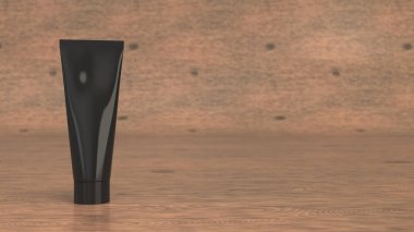 Siyah macununu, krem boşluk veya ahşap yüzeyde duran jel. Mockup marka. 3D render illüstrasyon