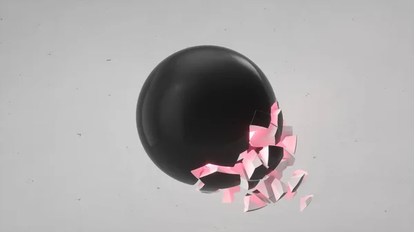 Fractured black sphere with red glow inside and falling pieces on white background. Concept of destruction. Abstract 3D rendering illustration.