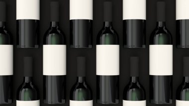 Boş etiketleri siyah zemin üzerine kırmızı şarap şişeleri desen. Tasarım veya marka şablonu. 3D render illüstrasyon