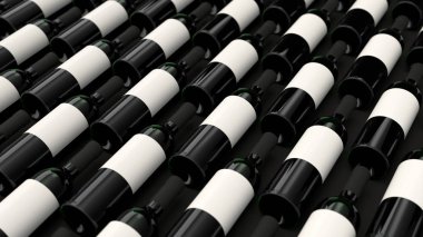 Boş etiketleri siyah zemin üzerine kırmızı şarap şişeleri desen. Tasarım veya marka şablonu. 3D render illüstrasyon