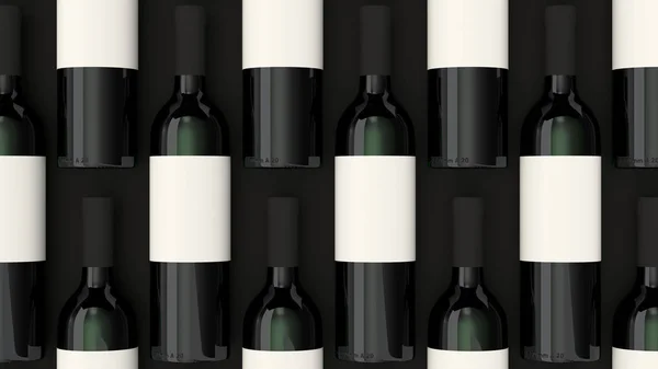 Patrón Botellas Vino Tinto Con Etiquetas Blanco Sobre Fondo Negro —  Fotos de Stock