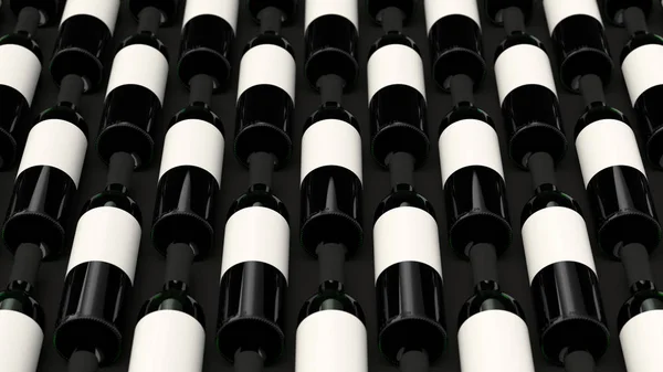 Pattern from bottles of red wine with blank labels on black background. Design or branding template. 3D rendering illustration