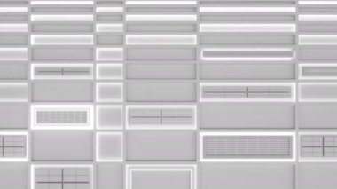 Fütüristik teknolojik veya endüstriyel arka plan beyaz parlak çizgiler ve elemanları. Arka plan döngü. 3D render animasyon