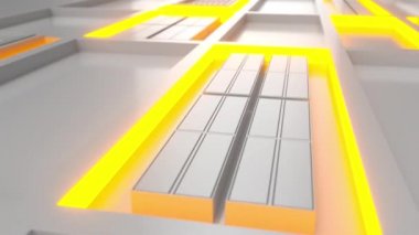 Fütüristik teknolojik veya endüstriyel arka plan turuncu parlak çizgiler ve elemanları. Arka plan döngü. 3D render animasyon