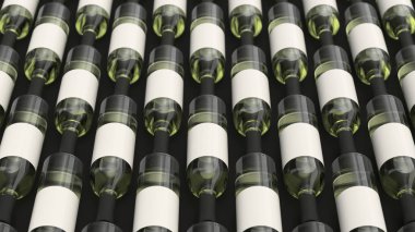 Boş etiketleri siyah arka plan üzerine beyaz şarap şişeleri desen. Tasarım veya marka şablonu. 3D render illüstrasyon