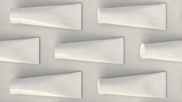 Pattern from blank white tube of toothpaste, cream or gel on white background. Branding mockup. 3D rendering illustration