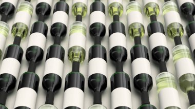 Şişe kırmızı ve beyaz şarap beyaz arka plan boş etiketlerle desen. Tasarım veya marka şablonu. 3D render illüstrasyon