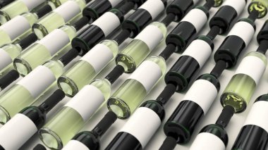 Şişe kırmızı ve beyaz şarap beyaz arka plan boş etiketlerle desen. Tasarım veya marka şablonu. 3D render illüstrasyon